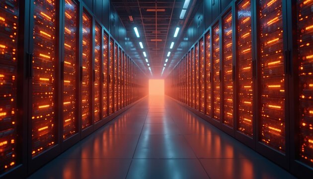 Data center corridor with server racks emitting bright orange light. Modern tech, digital infrastructure concept with futuristic design. Server room with computing cloud storage. Secure database,