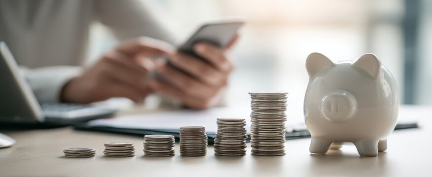 The growth of savings represented by coins and a piggy bank on a desk