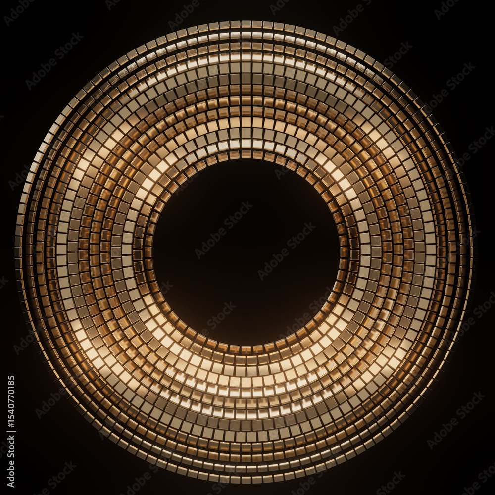 Wall mural an abstract geometric pattern forms a golden circular ring made of many small squares on a black bac