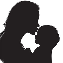 Loving Mother Kissing Baby Silhouette – Minimal Black and White VectorHigh contrast silhouette of a mother kissing her baby’s forehead, designed in a minimalist circular vector style. Perfect for mate
