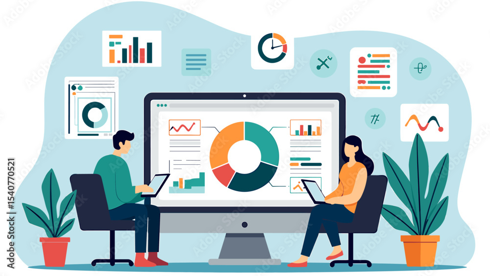 Poster collaborative data analysis: two people working on a large computer screen