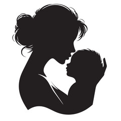 Loving Mother Kissing Baby Silhouette &ndash; Minimal Black and White VectorHigh contrast silhouette of a mother kissing her baby&rsquo;s forehead, designed in a minimalist circular vector style. Perfect for mate