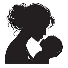 Loving Mother Kissing Baby Silhouette – Minimal Black and White VectorHigh contrast silhouette of a mother kissing her baby’s forehead, designed in a minimalist circular vector style. Perfect for mate