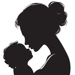 Loving Mother Kissing Baby Silhouette &ndash; Minimal Black and White VectorHigh contrast silhouette of a mother kissing her baby&rsquo;s forehead, designed in a minimalist circular vector style. Perfect for mate