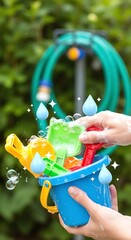 Hands cleaning vibrant sand toys with soap and water bubbles