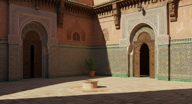 Taourirt Kasbah Courtyard Architecture - Intricate tilework, ornate wooden doors, sunlit stone courtyard, peaceful oasis, Moroccan architecture.