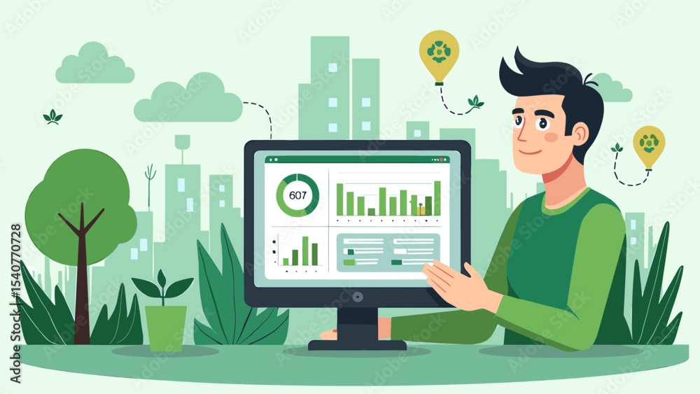 Poster man analyzing green data charts on a computer screen with city background