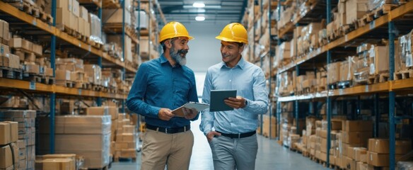 The two professionals collaborating in a warehouse environment with safety gear.