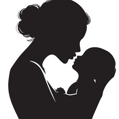 Loving Mother Kissing Baby Silhouette &ndash; Minimal Black and White VectorHigh contrast silhouette of a mother kissing her baby&rsquo;s forehead, designed in a minimalist circular vector style. Perfect for mate