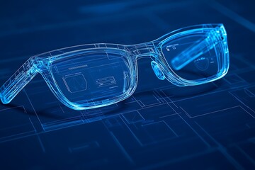 A blueprint of a smart glasses concept showing lens display, earpiece functions, and battery 