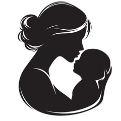 Loving Mother Kissing Baby Silhouette &ndash; Minimal Black and White VectorHigh contrast silhouette of a mother kissing her baby&rsquo;s forehead, designed in a minimalist circular vector style. Perfect for mate