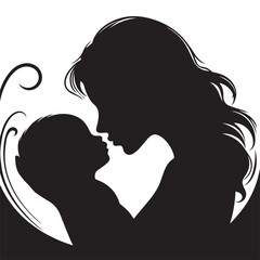 Loving Mother Kissing Baby Silhouette &ndash; Minimal Black and White VectorHigh contrast silhouette of a mother kissing her baby&rsquo;s forehead, designed in a minimalist circular vector style. Perfect for mate