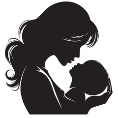 Loving Mother Kissing Baby Silhouette &ndash; Minimal Black and White VectorHigh contrast silhouette of a mother kissing her baby&rsquo;s forehead, designed in a minimalist circular vector style. Perfect for mate