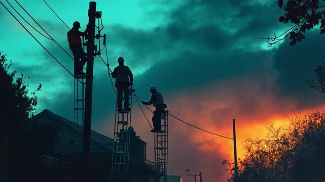 This footage showcases workers on ladders silhouetted by a surreal sunset. It captures dedication and teamwork in an engaging visual narrative. Generative AI.