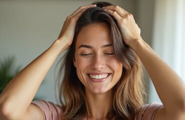 Young woman smiling enjoying head massage at home, promoting hair growth. Female stimulates scalp with hands, closed eyes, natural light in modern interior. Beauty wellness routine for self care.