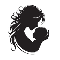 Loving Mother Kissing Baby Silhouette &ndash; Minimal Black and White VectorHigh contrast silhouette of a mother kissing her baby&rsquo;s forehead, designed in a minimalist circular vector style. Perfect for mate