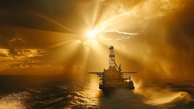 Offshore Drilling Vessel in Golden Stormlight Amidst Crashing Waves and Radiant Sunset Sky