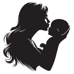 Loving Mother Kissing Baby Silhouette &ndash; Minimal Black and White VectorHigh contrast silhouette of a mother kissing her baby&rsquo;s forehead, designed in a minimalist circular vector style. Perfect for mate