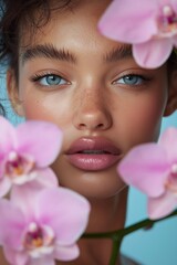 Close-up of a young woman with natural beauty surrounded by pink orchids, captured in a serene studio setting