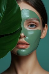 Woman with green facial mask and large leaf posing against a teal background in a wellness environment