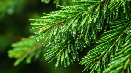 Fototapeta premium Dew-Kissed Pine Needles Nature's Green Serenity, Nature Photography, Pine Tree Pine Needles, Dewdrops