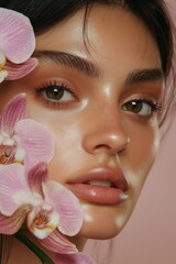 Young woman with glowing skin and orchids posing against a pink background while showcasing natural beauty