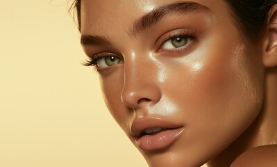 Close-up of a model with glowing skin showcasing natural beauty against a warm yellow background