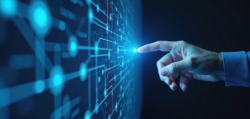 Human hand pointing digital screen. Touch interface technology concept. Innovation design, futuristic user experience. Cyber connection, data transfer, global communication. Blue background.