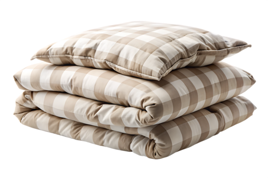 Beige and White Checkered Duvet and Pillow Stack Soft Texture Folded Bedding A I Generated isolated on a transparent background