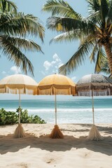 Colorful beach umbrellas provide shade on a sunny day at a tropical seaside location