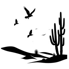 Silhouette of a desert dune with cactus and flying hawk.