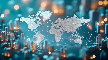 A digital world map showing technology and communication, symbolising global connectivity and interconnectedness. The globe is overlayed on a network of circuits and lights. 