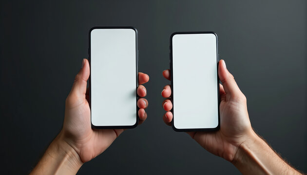 Two smartphones held by hands against dark grey background. Blank screens provide space for app design, website, content. Modern digital devices tech for social media app promo.
