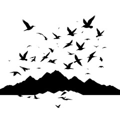 Silhouette of rolling mountain range with birds flying overhead.