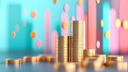 A stack of gold coins with a vibrant graphic in the background, representing financial concepts. The coins shine brightly, contrasting with the abstract design