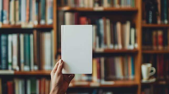Blank book cover held in hands, library background.