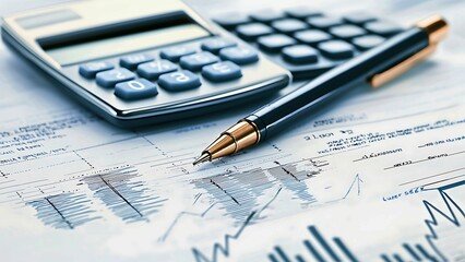 Close-up of a calculator and pen lying on financial data, highlighting aspects of budgeting, accounting, and calculations