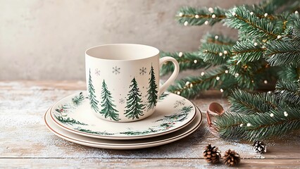 Fototapeta premium Christmas teacup and saucer set with pine tree design, accompanied by a fir branch and pine cones. Cozy winter atmosphere. 