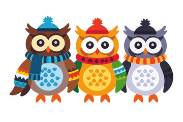 Obraz premium Cartoon Owls in Winter Gear Illustration-Colorful Owls Wearing Hats and Scarves-Cute Vector Image of Owls for Kids and Seasonal Designs