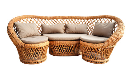 Fototapeta premium Rattan Wicker Sofa Set Beige Cushions isolated on a transparent background