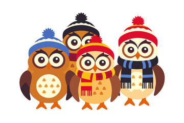 Obraz premium Cartoon Owls in Winter Hats and Scarves-Cute Animal Illustration-Festive Holiday Season-Adorable Owl Characters for Kids-Winter Themed Graphic Design