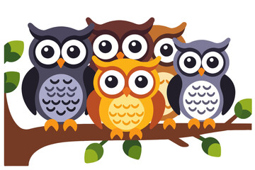 Fototapeta premium Colorful Cartoon Owls on a Branch Illustration- Cute Owl Family Graphic Design- Fun Bird Art for Kids- Animal Vector Artwork- Forest Theme Decoration