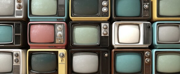 Fototapeta premium The nostalgic collection of vintage televisions in various colors and styles.