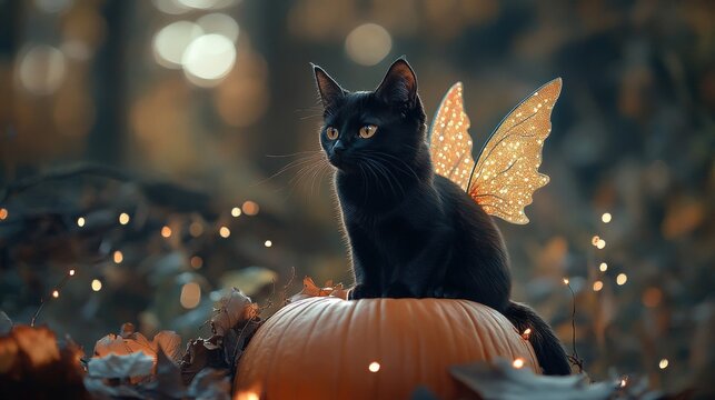 Mystical black cat with fairy wings sitting on a pumpkin in a glowing autumn forest scene with festive lights