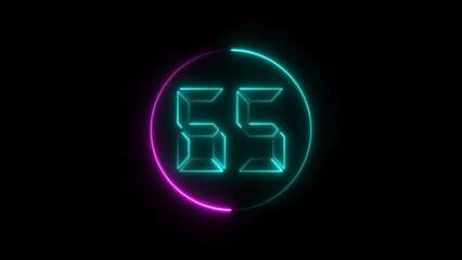 A circular illustration, and glowing digital neon number 65 illustration. on a black background. and creating a stunning illustration.4k illustration