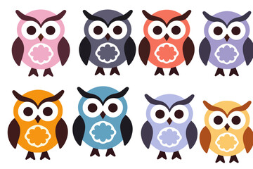 Fototapeta premium Colorful Owl Illustration-Cute Owl Clipart-Cartoon Owls in Pink-Blue-Orange-and Purple-Perfect for Kids Crafts-Digital Scrapbooking and Nursery Decor