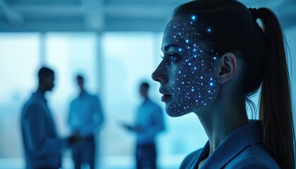 Woman uses AI tech to analyze employee data. Artificial intelligence connects with network points on face. Business team collaboration in office. Modern tech innovation concept. High tech workplace.