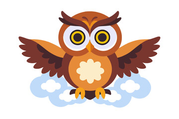 Fototapeta premium Cute Cartoon Owl Flying on Clouds Illustration- Educational Wildlife Art for Children- Whimsical Animal Graphic for Kids Projects
