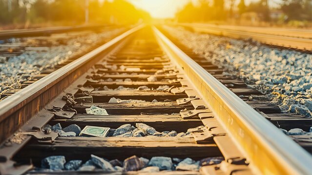 Railway tracks extending towards a bright sunset. The sun's golden rays create a warm and hopeful atmosphere.