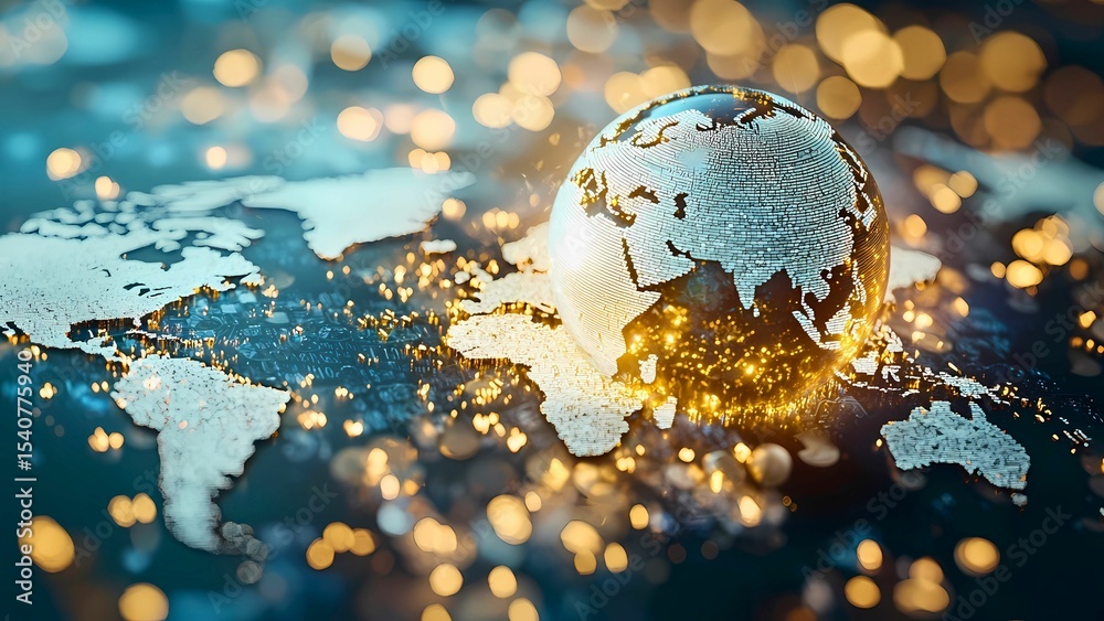 Poster a globe of world with illuminating around it and map background. a digital representation of the glo